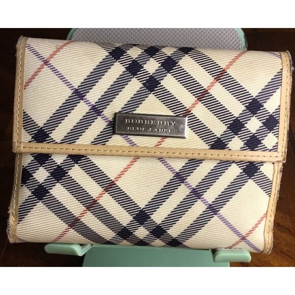 Burberry London Blue Label Novacheck Canvas Ivory Leather Accent Wallet GUC - Picture 1 of 16
